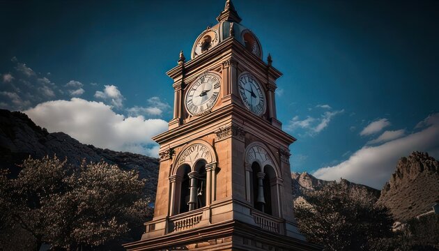 Historic clock tower mountain landscape architecture.