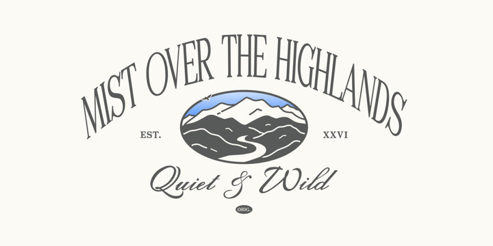 Scottish highland mist mountain vintage design for print, jersey, tee, hat, t-shirt, sweatshirt, hoodie for clothing brand  - Vector