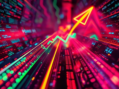 Neon arrows pierce data streams, a micro-world of rising fortunes and sharp declines, captured in glowing RGB ,  decline,  symbol