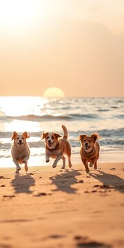 Golden light bathes four eager dogs, tails a blur of joy on a peaceful beach as the sun dips below the calm blue sea,  pure bliss,  wagging tails