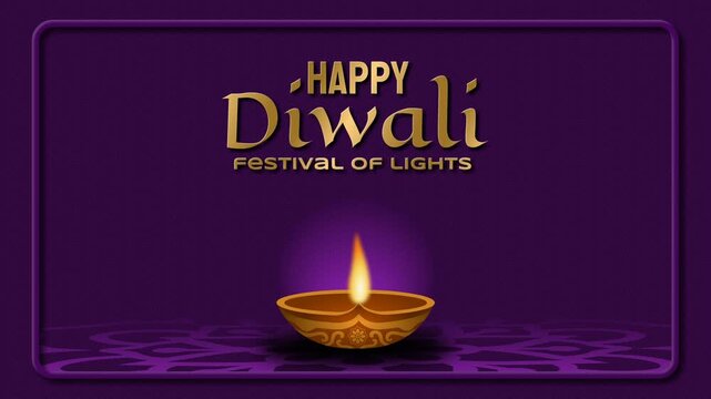 Happy Diwali festival of lights 4K looping animation background featuring a glowing golden ornate diya lamp, 3D typography, rounded border, and mandala floor reflection on dark purple background.