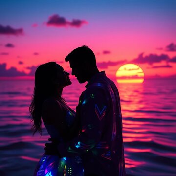 Holographic hues embrace lovers silhouetted against a neon-drenched twilight sea, Dutch angle framing their shared future,  beach,  joy