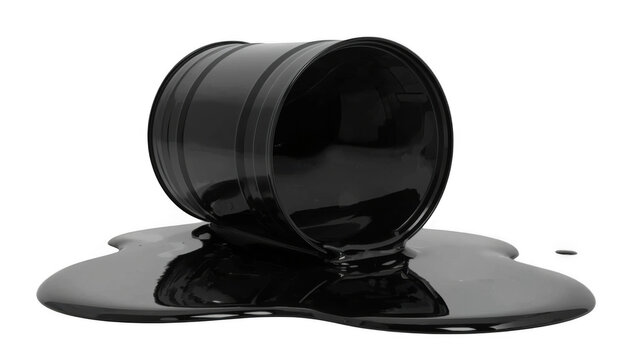 Black cylindrical container tipped over spilling dark liquid onto glossy surface with spill texture.