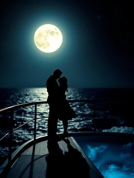 Moonlit silhouette of embracing figures on a yacht deck, waves crashing below, romance under Grecian stars,  anniversary,  summer