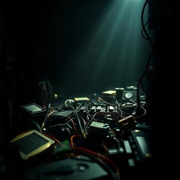 Focused gaze on tech amidst chaos, bathed in stark light and shadow,  site,  illumination