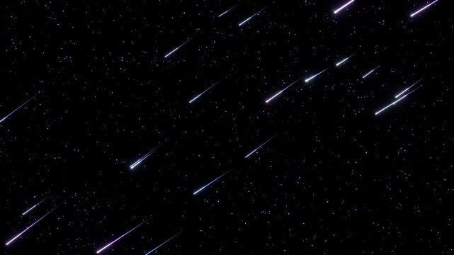 流れ星がブルーとパープルの神秘的な光彩を帯びて夜空を静かに駆け抜けるループ動画。天文学コンテンツ、スピリチュアル関連LP、夜空のイベントムービーに調和するシネマティック素材