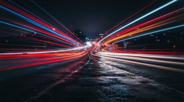 Long exposure night shot of colorful car light trails on wet asphalt road