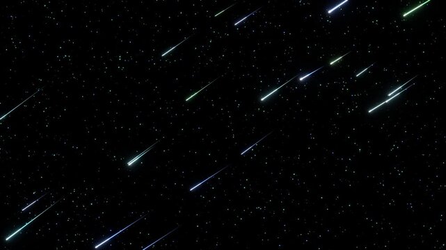 流れ星がエメラルドとシアンとブルーの光を織りなし夜空を駆けるループ動画。サイエンス番組、海洋やエコをテーマにした映像、夏の夜空演出に映える爽快なシネマティック素材