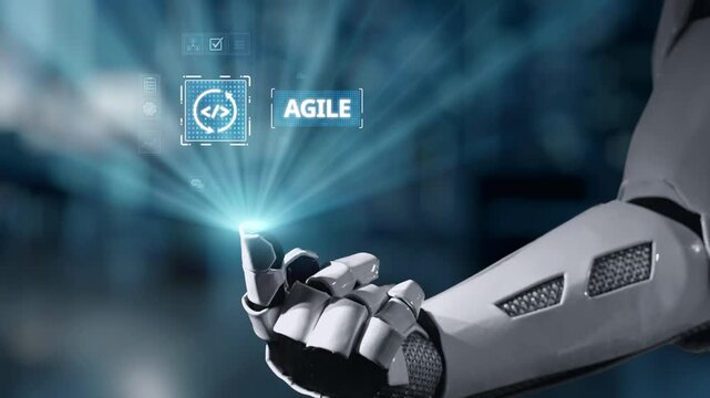 A robotic hand engages with a digital interface featuring the word "AGILE," representing the fusion of technology and innovative solutions in modern work environments. Salient