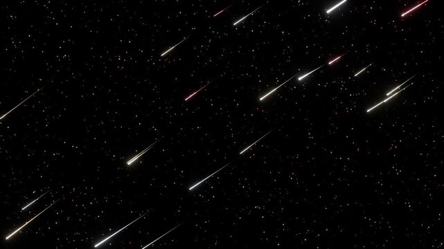 流れ星がルビーとゴールドとホワイトの煌びやかな輝きで夜空を横切るループ動画。クリスマスセール告知、年末年始カウントダウン、ギフト広告に映える豪華なシネマティック素材