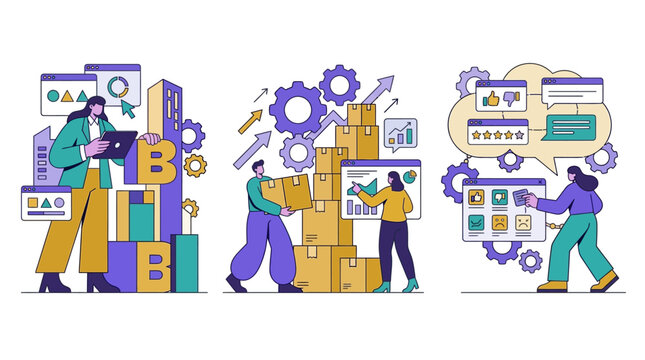 Business Logistics and Data Analysis Illustration with characters managing boxes, charts, and customer feedback ideal for corporate presentations and supply chain blogs.