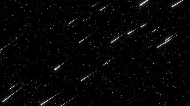 純白のシルバーホワイトに輝く流れ星が夜空を清らかに駆け抜けるループ動画。ウェディングのオープニング、ジュエリー広告、冬のホリデーギフト告知に映える洗練されたシネマティック素材