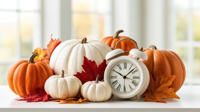 A collection of white and orange pumpkins with autumn leaves and a white vintage alarm clock set to 10:10 on a bright windowsill.