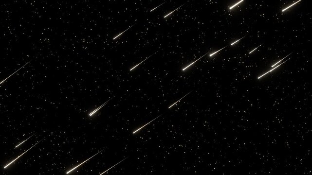 シャンパンゴールドの煌びやかな流れ星が暗闇を優雅に横切るループ動画。アワード表彰式、周年記念ムービー、VIP向けプロモーションに最適な気品と高級感あふれるシネマティック素材