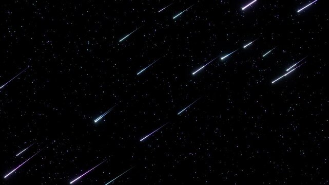 個別に点滅する星々と無数の流れ星が夜空を交錯し流れるループ動画。七夕の特集ページ、天体観測イベント、ヒーリング音楽の背景に最適な叙情詩的で美しいシネマティック素材