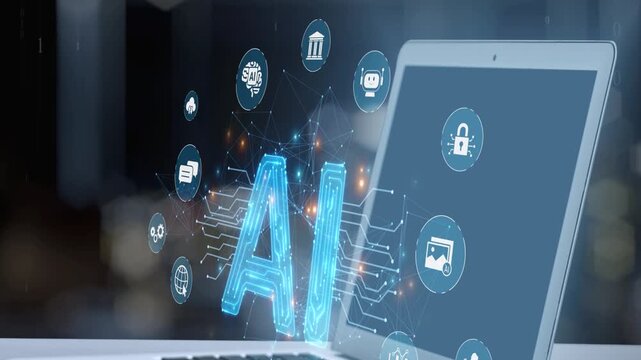 A modern laptop displays vibrant artificial intelligence graphics, portraying innovation and technology in a digital workspace. Ideal for concepts in AI advancements. Salient