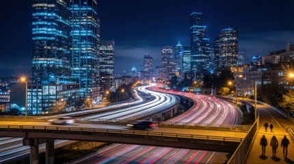 Fototapeta premium Nighttime urban highway with blue light trails and illuminated skyscrapers