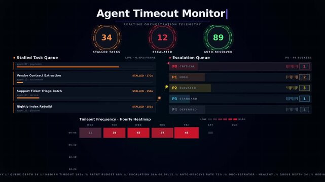 Agent Timeout Dashboard Visualizing Stalled Tasks, Escalation Queues, and Live Task Management with Animated KPI Orbs and Progress Bars for commercial creative technology and business use.