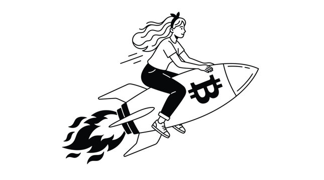 Smiling young woman riding fast cryptocurrency bitcoin rocket in line art vector illustration style