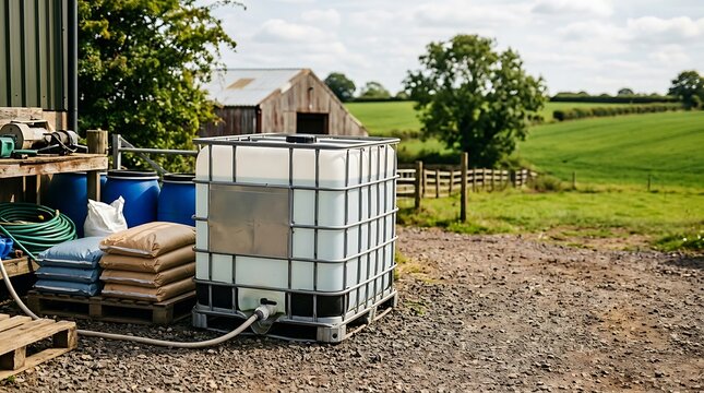 Large plastic water tank container on a wooden pallet in a rural farm yard. ibc container