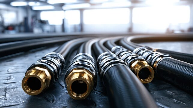 Close-up of multiple flexible black hoses with brass fittings arranged on a metallic surface in a bright industrial setting.