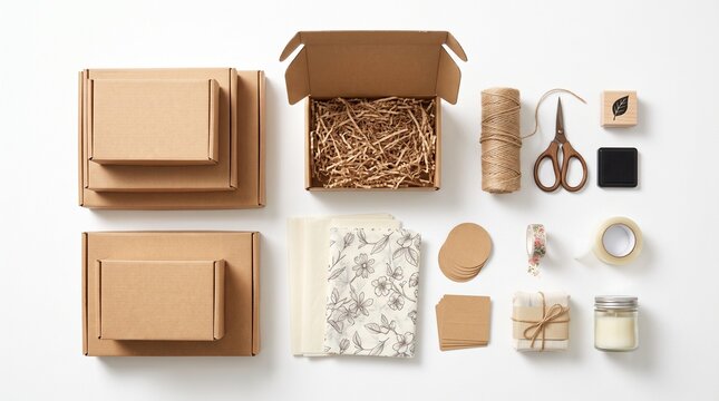 E commerce packaging supplies flat lay with boxes twine scissors tape and gift wrapping materials for shipping and delivery business