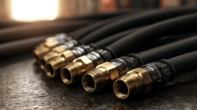 Close-up of multiple coaxial cables with metal connectors lined up on a textured surface, highlighting the detailed structure and shiny metallic finish.