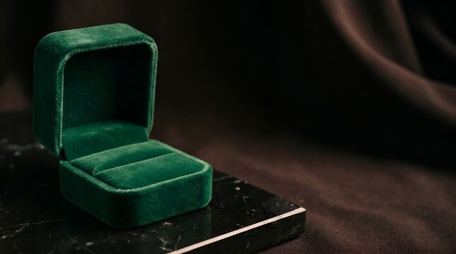 Blank open velvet ring box mockup on black marble copy space