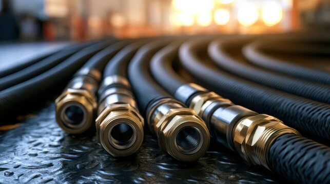 Close-up of hydraulic hoses with brass fittings arranged in parallel on a textured surface, illuminated by warm light in an industrial setting.