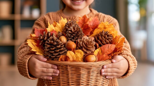 A child holds a basket filled with pinecones, acorns, and colorful autumn leaves, symbolizing the fall season and nature"s bounty.