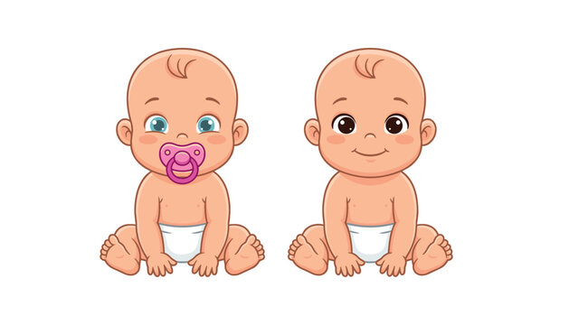 Two cute cartoon baby infants sitting in diapers one with pacifier isolated on plain white background stock vector