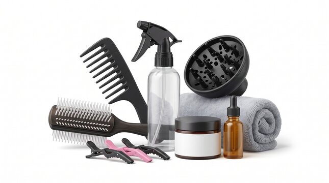 Professional Hair Styling Tools and Products for Salon or Home Use Isolated on White Background