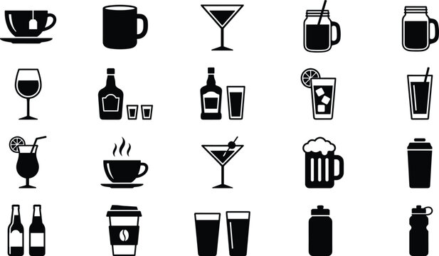 Beverage drink menu icons set containing cocktail glass coffee cup alcohol bottle and beer mug silhouette vectors