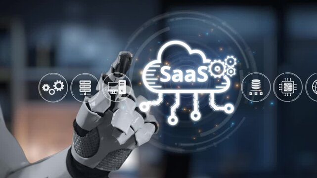 A robotic hand interacts with cloud technology symbols, illustrating the concept of Software as a Service in a contemporary office. Capturing innovation and digital transformation. Salient