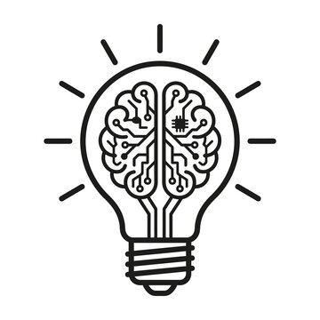 Human brain inside a glowing lightbulb icon representing innovative thinking and creative intelligence concept