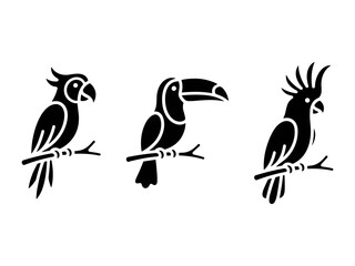 Fototapeta premium Tropical Bird Icons Set with Parrot Toucan and Cockatoo