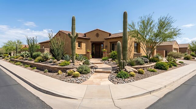 Modern stucco house with desert landscaping and tall saguaro cactus in a sunny residential neighborhood. arizona yard