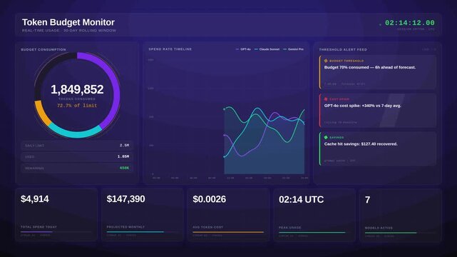Cinematic 4K dark-mode AI token budget dashboard with spending thresholds, alerts, and real-time usage metrics in a glass-morphism interface, perfect for finance applications.