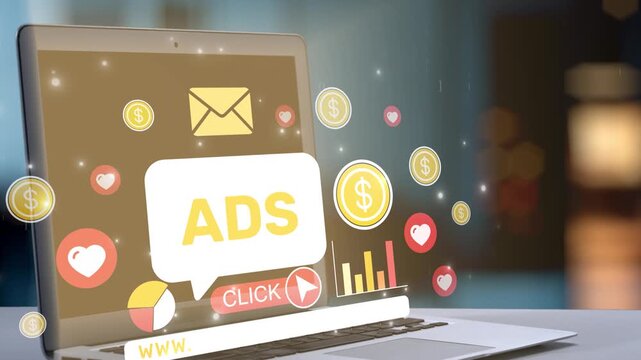 A vibrant image of a laptop with advertising elements, showcasing various icons, charts, and messages that illustrate the dynamics of digital marketing and online engagement. Salient