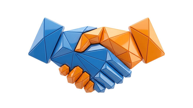 Geometric low poly handshake in blue and orange, 3D polygonal business partnership concept, abstract digital deal and cooperation symbol on white background
