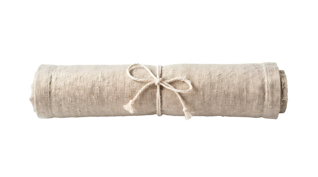 Rolled beige linen fabric textile tied with a simple string isolated on transparent background