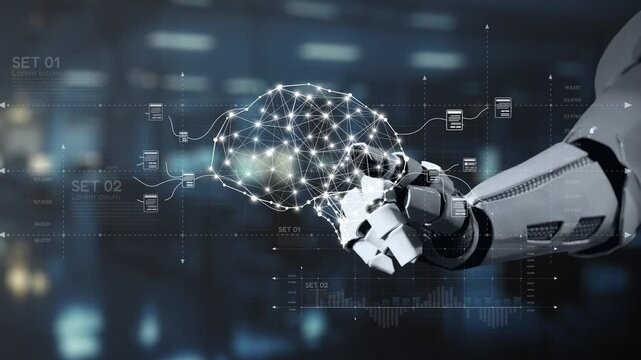 A robotic hand engages with a digital representation of a brain network, highlighting the synergy between artificial intelligence and technology in today advanced robotics landscape. Salient