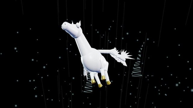White low poly winged deer flies through the starry night sky