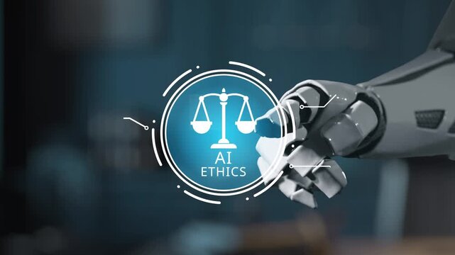 A robotic hand reaches towards an AI ethics symbol, surrounded by digital elements and data graphics, represent the intersection of technology and ethical considerations in the modern world. Salient