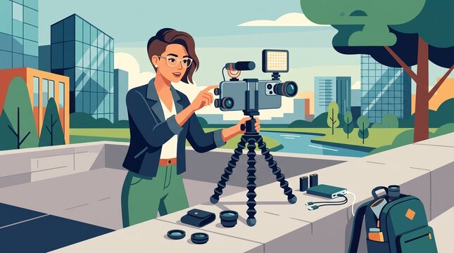 Woman filming with smartphone on tripod in city park, modern buildings and river background, content creation concept