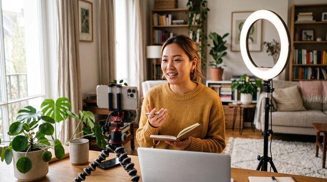 Asian woman vlogger recording content with ring light and smartphone for social media marketing and online business promotion