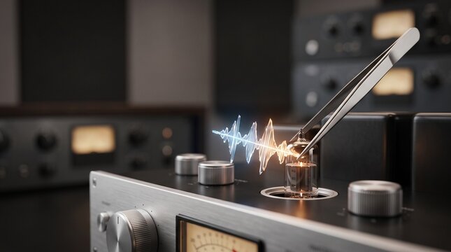 Audio waveform visualization emerging from vacuum tube with tweezers in studio equipment for sound engineering and music production