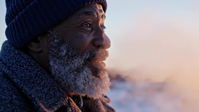 Elderly Black man breathing cold air close profile view with winter hat, frosty beard and outdoor chill for senior health, cold weather risk, respiratory care, aging resilience, winter safety media