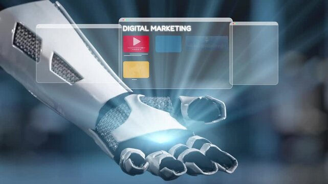 A futuristic robotic hand engages with various digital marketing interfaces, showcasing analytics, advertising elements, and user interaction in a high-tech setting. Salient