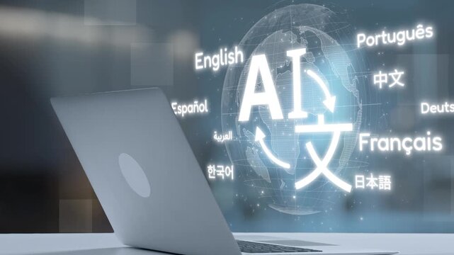 A robotic hand interacts with a laptop, displaying various language options, showcasing the intersection of AI technology and global communication in a modern setting. Salient